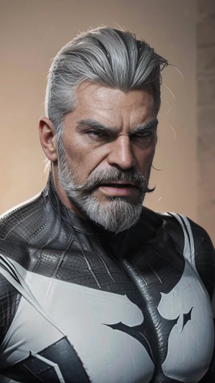 a muscular man, Quiff hairstyle, gray hair, gray mustache, gray beard, venom symbiote, large white spider symbol on symbiote, handsome face, detailed eyes, nose and lips, mouth wide open, detailed teeth, detailed vampiric fangs, 8k, high quality, photorealistic, dramatic lighting, cinematic
