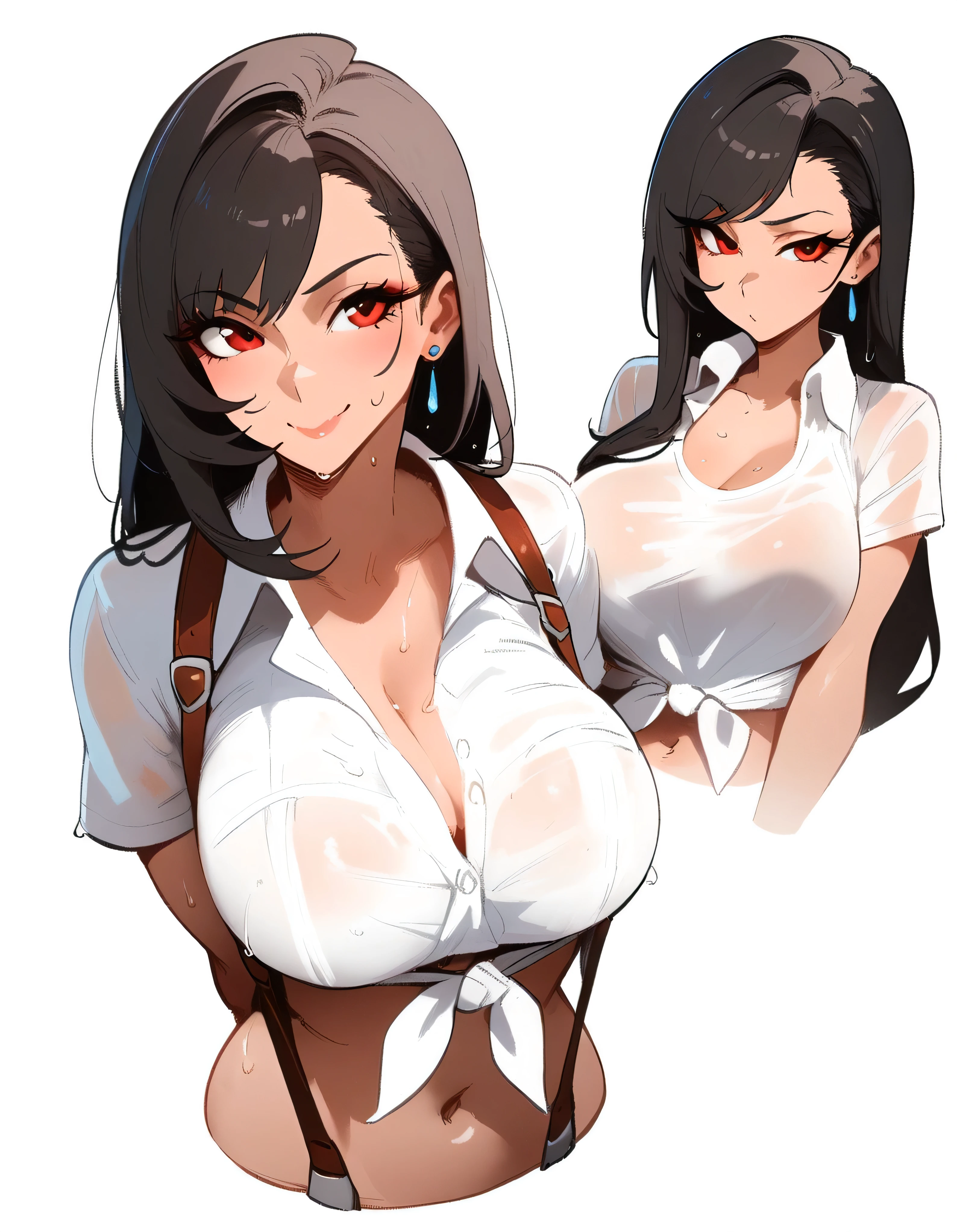 1girl, tifa lockhart, final fantasy
\\\\\ masterpiece, best quality, newest, ///// nyantcha, khyle, cutesexyrobutts \\\\\  highres, absurdes. , solo, wet, sweat, shiny skin, straight-on,  big breasts, naughty face, , tied_shirt , three quarter view, . , breasts squeezed together, grey background, simple background, jungle,  suspenders , cropped torso, v arms, , navel, collared_shirt , red eyes, black hair
