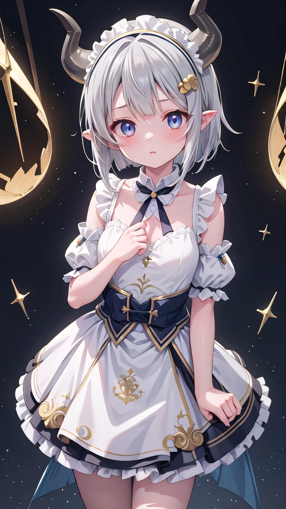 (Highest quality，masterpiece)，One Girl, alone, Anime screenshots，Ray Tracing，Global Illumination，ultra hi resolution picture，Medium Hair, Hime cut, Gray Hair, Pointy Ears, blue eyes, Golden Eyes, Roll your eyes, Yandere, Maid Head Accessories, Dragon Horn, White hair band, Wind-like headdress, Gaze, Horns of the beast, 