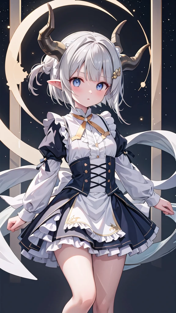 (Highest quality，masterpiece)，One Girl, alone, Anime screenshots，Ray Tracing，Global Illumination，ultra hi resolution picture，Medium Hair, Hime cut, Gray Hair, Pointy Ears, blue eyes, Golden Eyes, Roll your eyes, Yandere, Maid Head Accessories, Dragon Horn, White hair band, Wind-like headdress, Gaze, Horns of the beast, Character portrait, The whole body fits on the screen,