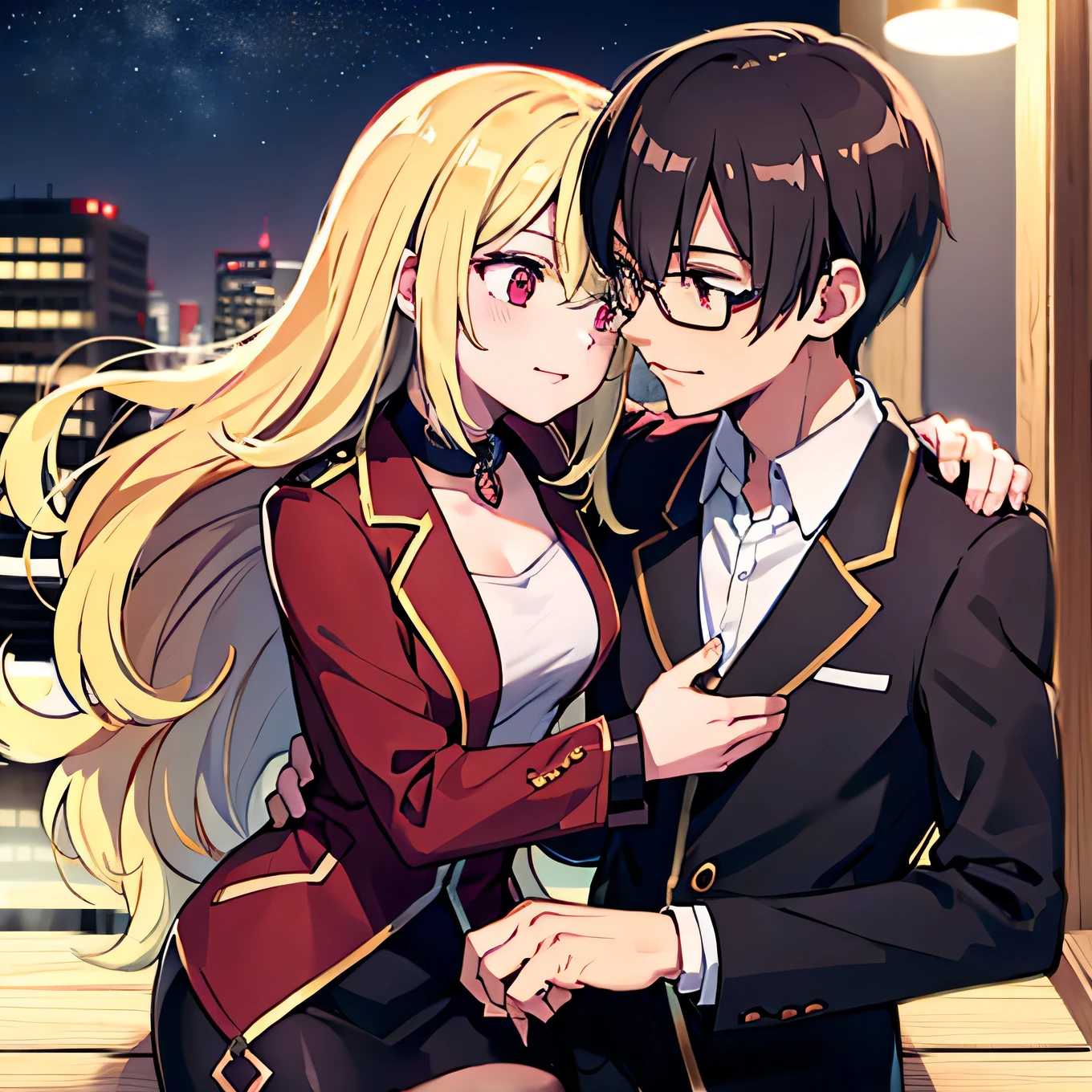 1 boy with black hair, Red jacket and glasses romantically kissing a girl with blonde hair and red eyes. City at night in the background., True love, blushing cheeks, high quality 