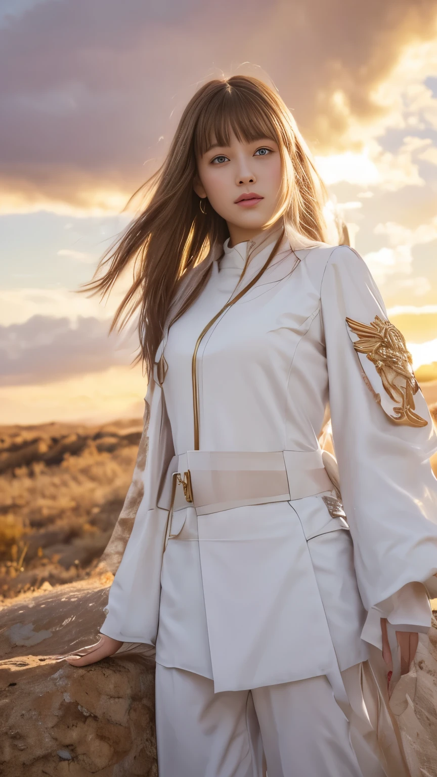 ((masterpiece, best quality, Extremely detailed), Volumetric Lighting, Ambient Occlusion, Colorful, Luminescence), 1 girl, solitary, Young girls, (Chestnut bangs), Long hair, Halo, Halo, sacred, goddess, priesthood, (White suit with gold details:1.3), armor,Camel toe， outdoor, Sunset, Sky, cloud, space, (Fantasy theme:1.2),