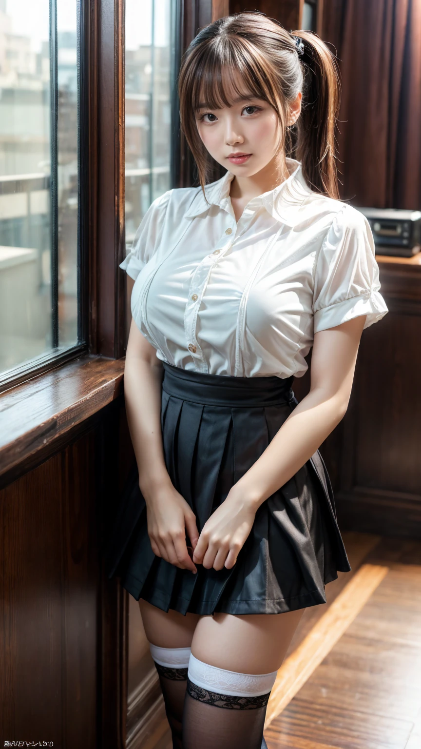 歩道に立つWoman in a suit,((40-year-old woman))、Big Breasts、Dark brown hair color、グルを使ったHairstyle.々Hairstyle、Hairstyles of different lengths、(8K, RAW Photos, Highest quality, Tabletop: 1.2),、(Realistic, Realistic: 1.3), Cityscape, Day, Sunny Morning, Professional Lighting, Photon Mapping, shirt, (Woman in a suit,) Silk Suit、Pencil Skirt、Tight Skirt、((Delicate photo))，(女の子の詳細なRAW Photos), (Tabletop:1.25), (Highest quality:1.6), (Ultra-high resolution:1.5), (Realistic:1.75), 8K resolution, Canon EOS R5, 50mm, Absurd, Very detailed,Cinema Lighting,(Skirt flip:1.2)、Browsing Caution:1.1、the wind is strong、smile、I flipped up my skirt、Simple panties