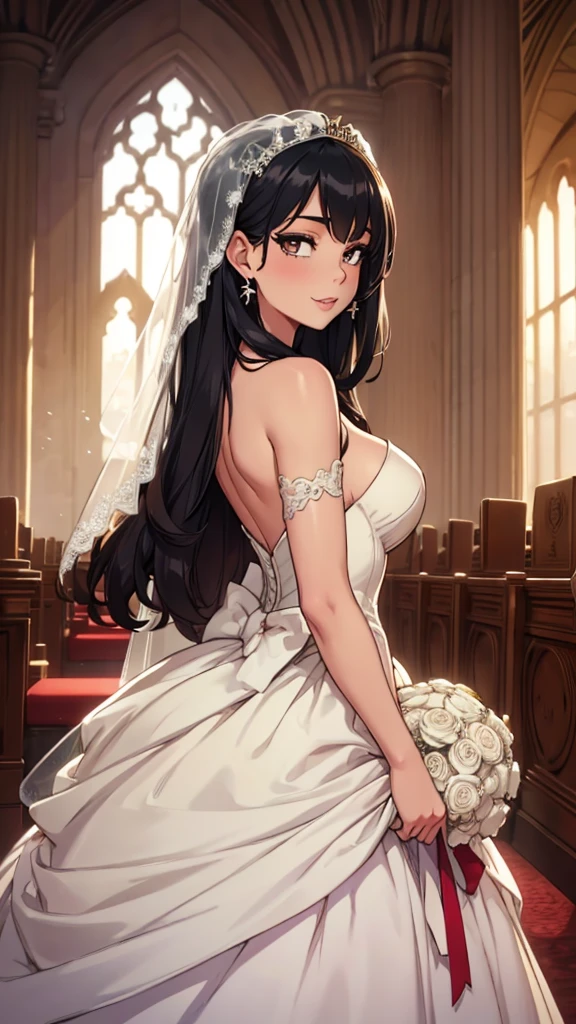 1_girl, solo, Pose: 1girl, masterpiece, highres, sonicedges_rias_gremory  standing with one leg slightly bent at the knee, hands on her waist or one hand on her hip and the other hanging loosely.
Expression: Soft, confident smile with eyes looking into the camera.
Attire: Elegant ((wedding dress, bridal veil, wedding, bouquet))that complements the glamorous setting.
Hair: Styled to cascade over one shoulder, with light waves.
Makeup: Subtle yet elegant, with emphasis on the eyes and lips.
Background: A softly blurred wedding church.
Lighting: Warm, soft lighting that highlights the woman's features and adds a glow to her skin.
Accessories: Minimal, such as a pair of delicate earrings or a simple necklace.
Mood: Elegant, confident, and slightly mysterious.