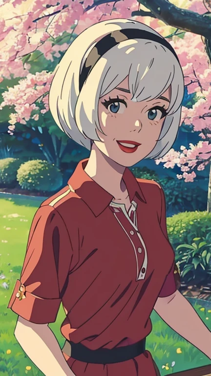 (1girl, solo, highly insanely detailed, masterpiece, top quality, best quality, highres, 4k, 8k, RAW photo),((innocent look)),((Childish)),From the front, symmetrical composition,smile,cute,Innocent,Kind eyes, kotonoha no niwa, park,flowers,lawn,trees, The Garden of Words, (sabrinattw), upper body, white hair, short hair, hairband, black eyes, red lips, red shirt, 