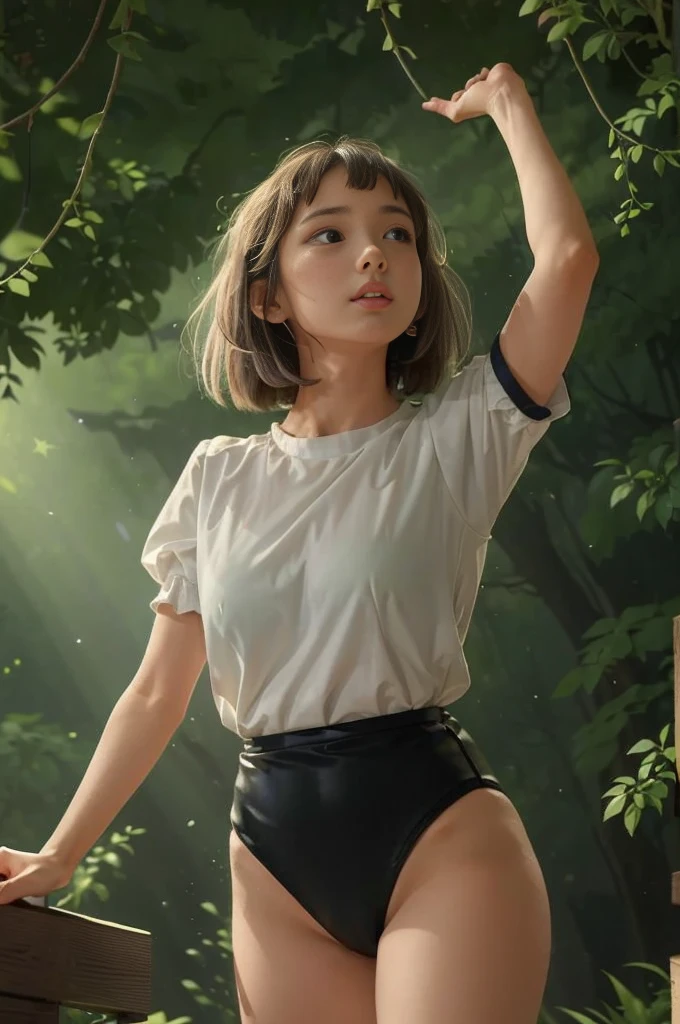 (masterpiece, highest quality),  (夜のdark森), One Girl, young teen, Black gymnastics bloomers, High leg、white blouse, standing in night forest, Looking up at the forest、Anxious expression, Emotional, Wide-angle, dark, Best Shadow, watercolor,