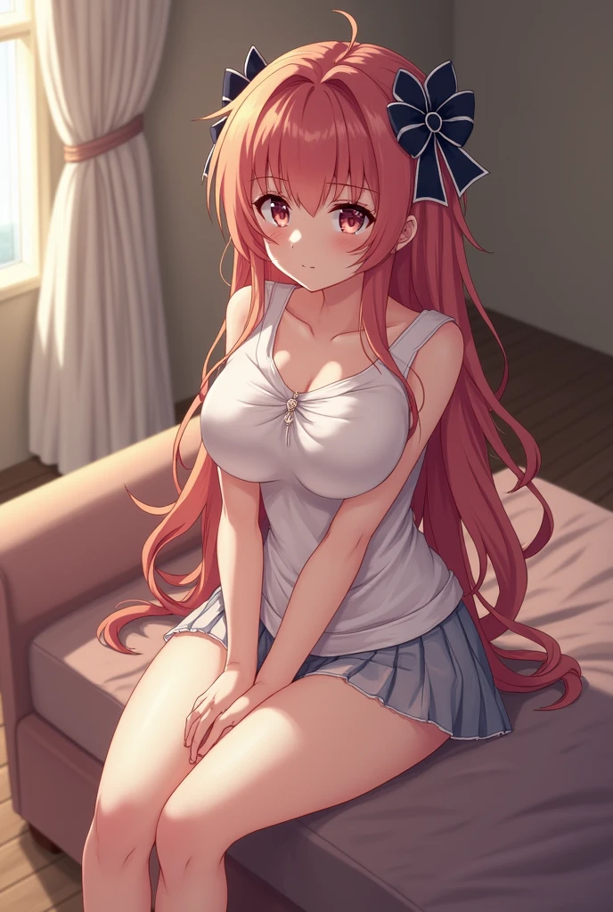 Beautiful illustration、top-quality、Cute little girl s、Bedroom、A pink-haired、length hair、(((Pink pleated skirt)))、(((pink sailor suit)))、shortsleeves、Colossal tits、a navel、Flipping up the skirt with your hands、Show white panties、Pull up your skirt and show your panties、bare-legged、blue eyess、on the beds、lovely thighs、glowing thigh、a smile