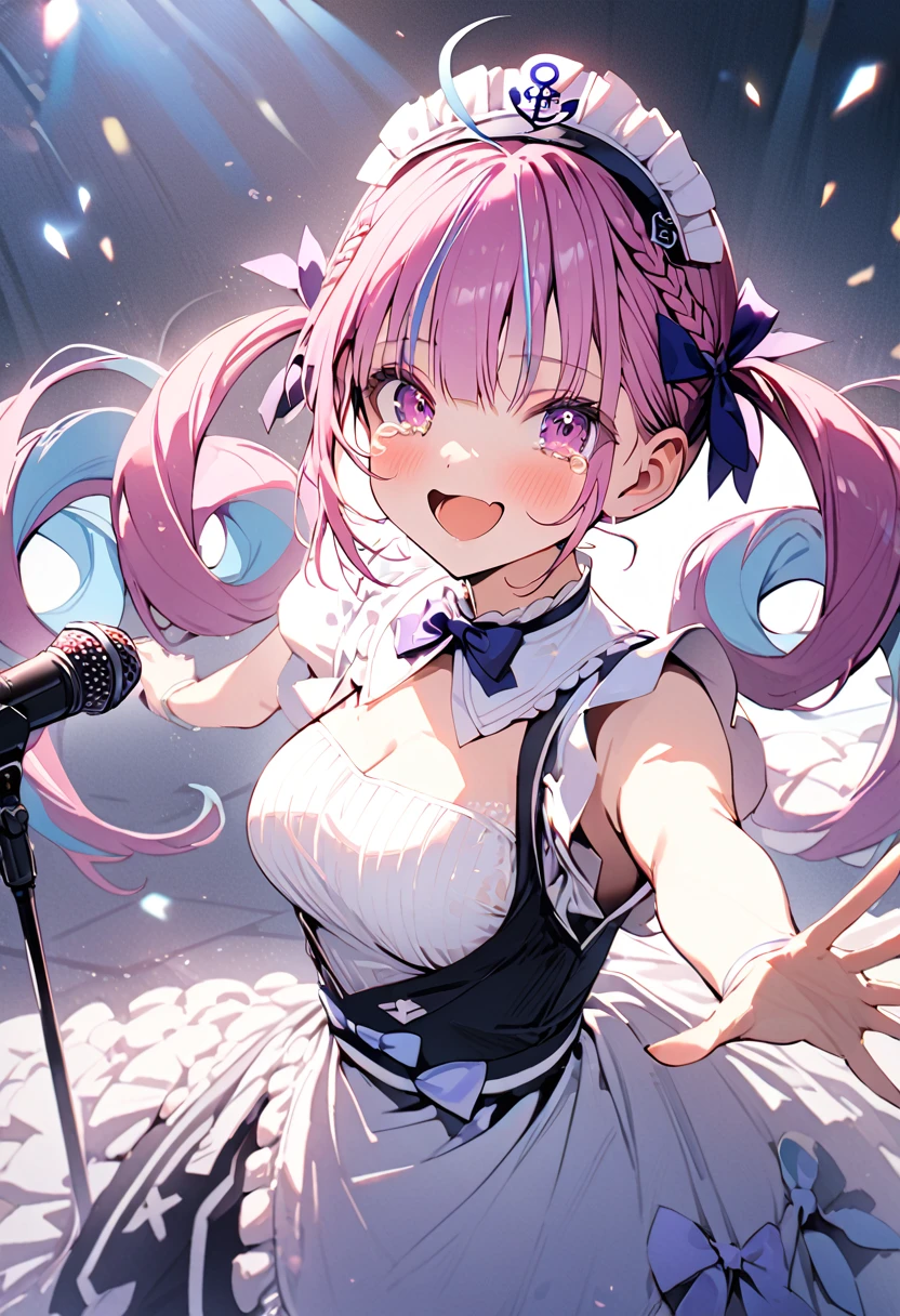 Minato Aquua,live,Sing a song,Tears of joy,microphone,Spread your arms,fun,Penlight,背景にPenlight,1girl, Minato Aqua, hololive, pastel colors, twintails, maid, large breasts,happy,Retirement masterpiece, best quality, newest, very aesthetic, absurdres, absolutely resolution, ultra detailed, 8k, super fine illustration, highly detailed beautiful face and eyes, perfect anatomy, professional lighting