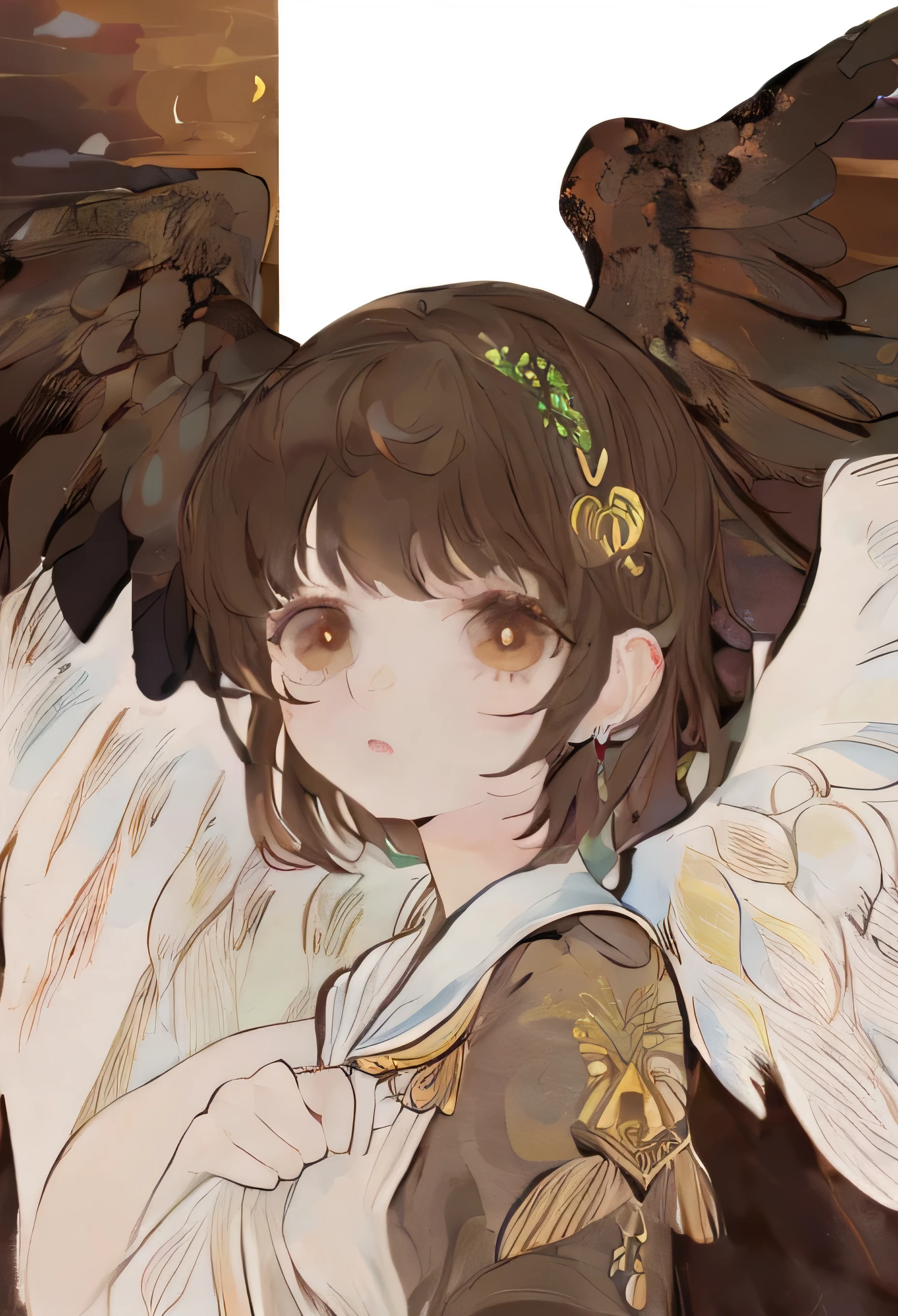 Cute girl brown hair white dress angel wings