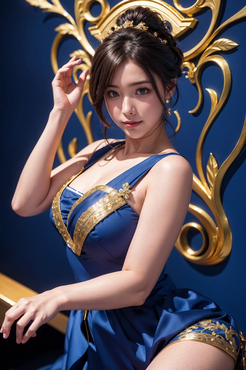 Medium display, Medium Shot, Written boundary depth, bust,Photograph the whole body, Movie angle, masterpiece, Highest quality, Very detailed, CG, 8k wallpaper, Beautiful Face, Delicate eyes, Otome, alone, smile, have, Cobalt blue dress with gold trim, High heels、Blue sky background,kamehameha