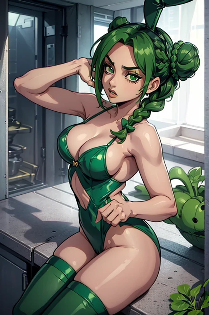 Jolyne Cujoh, cute and sexy girl, black and green hair with a braid and two buns, green bunny suit, green playboy bunny suit, green stockings