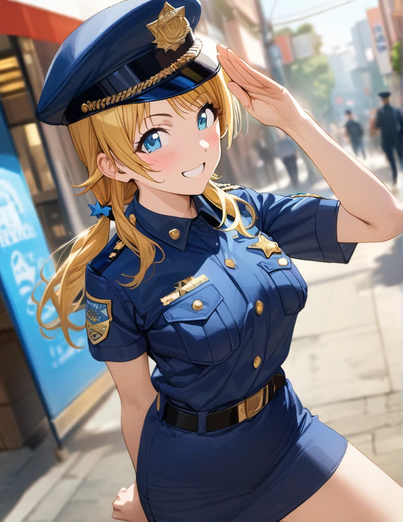 (masterpiece),(Highest quality),(Very detailed),(Best illustrations),(Best Shadow),(Absurd),(Detailed Background),(so beautiful), 
Official Style,

Meguru Hachimiya, blonde hair, long hair, Blue eyes,

the idolmaster shiny colors,
low twintail,
chest,
salute,
Police woman uniform, 
Police hat,
blush,
grin,

alone,
Japan,
street,
Background Blur, 
focus on face,
realistic skin,
cowboy shot,