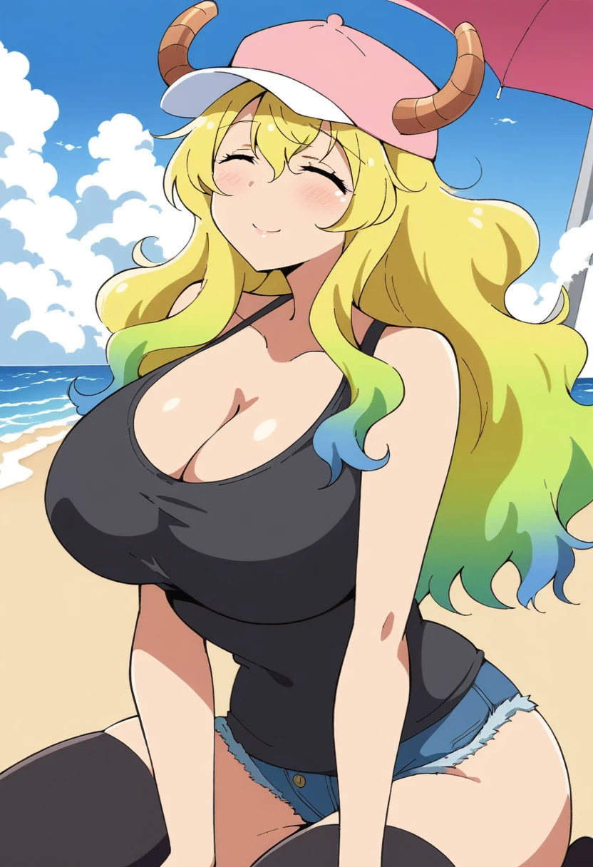 anime art style, 2d, masterpiece, best quality, very aesthetic, absurdres, dynamic shadows, atmosferic, lucoa_md, (1girl), (blonde hair), long hair, (gradient hair), green hair, blue hair, (close eyes), ahoge, hair between eyes, bangs, big breasts, cleavage, ((curvy body)), collarbone, makeup, sexy, horns, hat, ((pink baseball cap)), black tank top, denim shorts, black thighhighs, sexy smile, ((cowboy shot)), wariza, spread legs, from below, beach, houses, clouds, sky, umbrella, looking at viewer