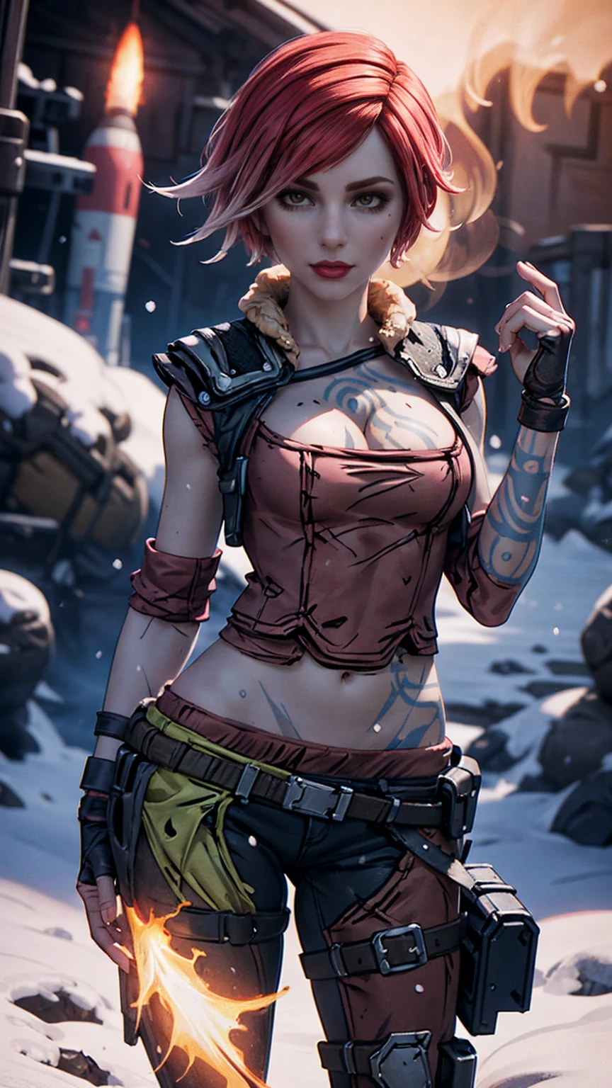 Lilith from "Borderlands", A beautiful woman with side-shaved light pink hair, asymmetric bob hairstyle, snow white skin, glowing mystical body art, holding a heavy rocket launcher, wearing medieval-style clothes, hyperrealistic, cinematic lighting, fantasy, detailed facial features, dynamic pose, dramatic atmosphere, vibrant colors, digital art