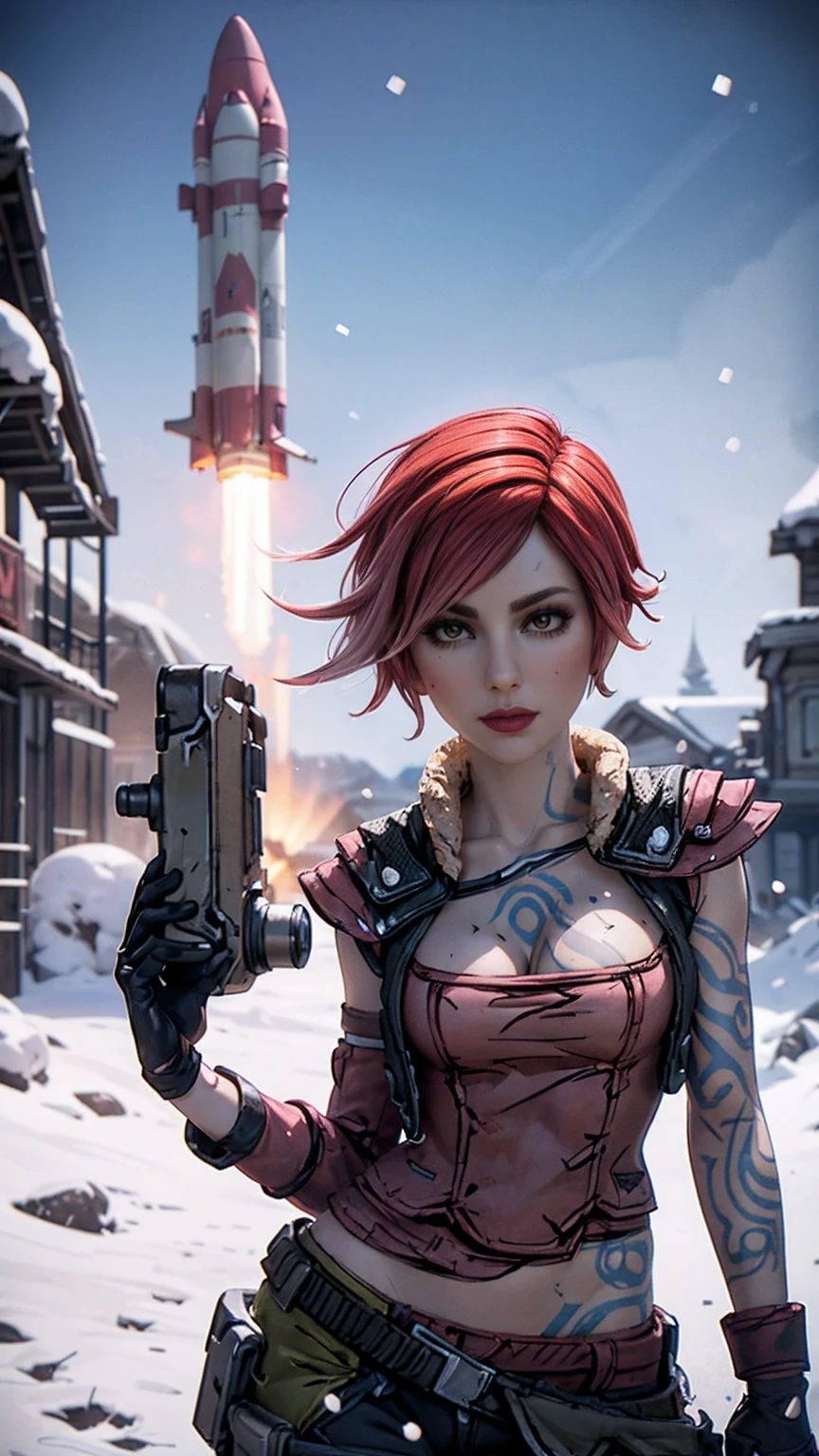 Lilith from "Borderlands", A beautiful woman with side-shaved light pink hair, asymmetric bob hairstyle, snow white skin, glowing mystical body art, holding a heavy rocket launcher, wearing medieval-style clothes, hyperrealistic, cinematic lighting, fantasy, detailed facial features, dynamic pose, dramatic atmosphere, vibrant colors, digital art