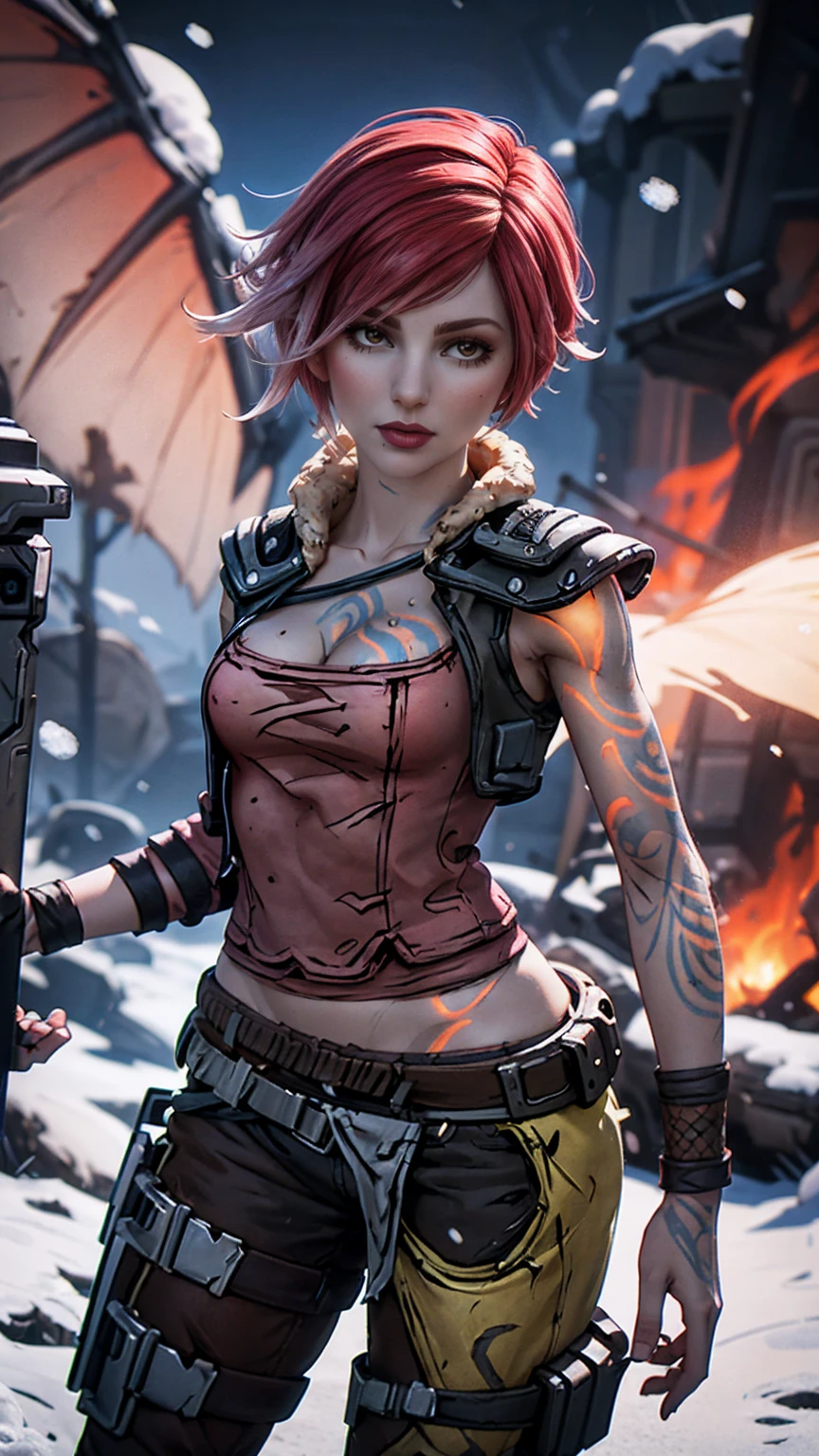 Lilith from "Borderlands", A beautiful woman with side-shaved light pink hair, asymmetric bob hairstyle, snow white skin, glowing mystical body art, holding a heavy rocket launcher, wearing medieval-style clothes, hyperrealistic, cinematic lighting, fantasy, detailed facial features, dynamic pose, dramatic atmosphere, vibrant colors, digital art