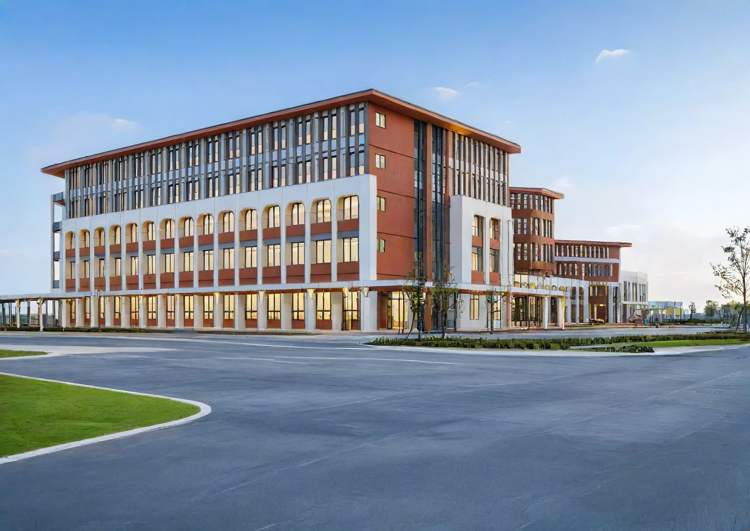 Architectural style Architectural style,  (( school : 1.3 )),(masterpiece) , ((best quality)), dramatic lighting, high quality outdoors, sky, day, cloud, tree, blue sky, building, scenery, road, real world location,  sunlight, enough detail, high resolution,super realistic, Photorealistic, highly detailed, balcony, plants, door, car, truck, parking slot, paving, . Clean lines, architectural drawing, highly detailed  , . Clean lines, geometric shapes, minimalist, modern, architectural drawing, highly detailed, red brown