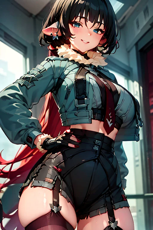 High resolution, masterpiece, Very detailed, Textured skin, jane doe \(zenless zone zero\),One girl, solo,Long Hair, Piercing in left ear,Light blush, A smile that seems to be plotting something,Straight eyes,(Light blue eyes),Uplifting, ruins,Torn pantyhose,Black innerwear,Military jacket,black and red tie,Garter belt on left leg,Black shorts,front,Black perforated gloves,Red Nails