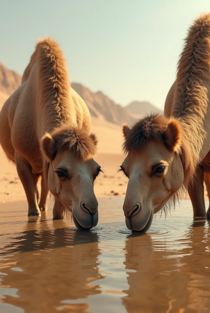 Two camels drinking water side by side in a vast desert oasis、Surrealism, uhd, masterpiece, accurate, anatomically correct, textured skin, super detail, high details, high quality, award winning, best quality, highres