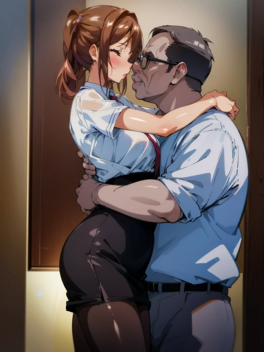 (One girl, One middle-aged man), pantyhose, pantyhose, White shirt, Pencil Skirt, blush, French kiss,, hug, Sensual body, close your eyes, office, Very detailed, High resolution, 4K, masterpiece, High resolution