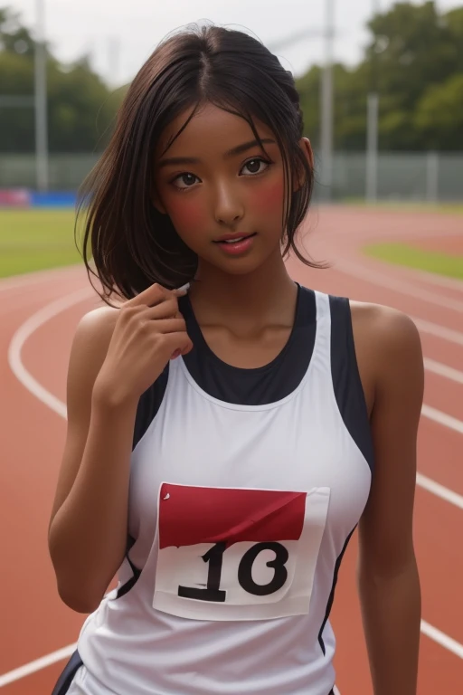 (((( one girl )))), Put your hand over your mouth、Beautiful breasts、 Brown eyes, ((Gal Hairstyles)) blonde, girl, (Eye and facial details:1.0), break, (masterpiece, Highest quality, Very detailed, Detailed face, 8k),( dark skin:1.9 ), (((( track and field uniform )))),( open mouth ),(((( 9歳 ))))