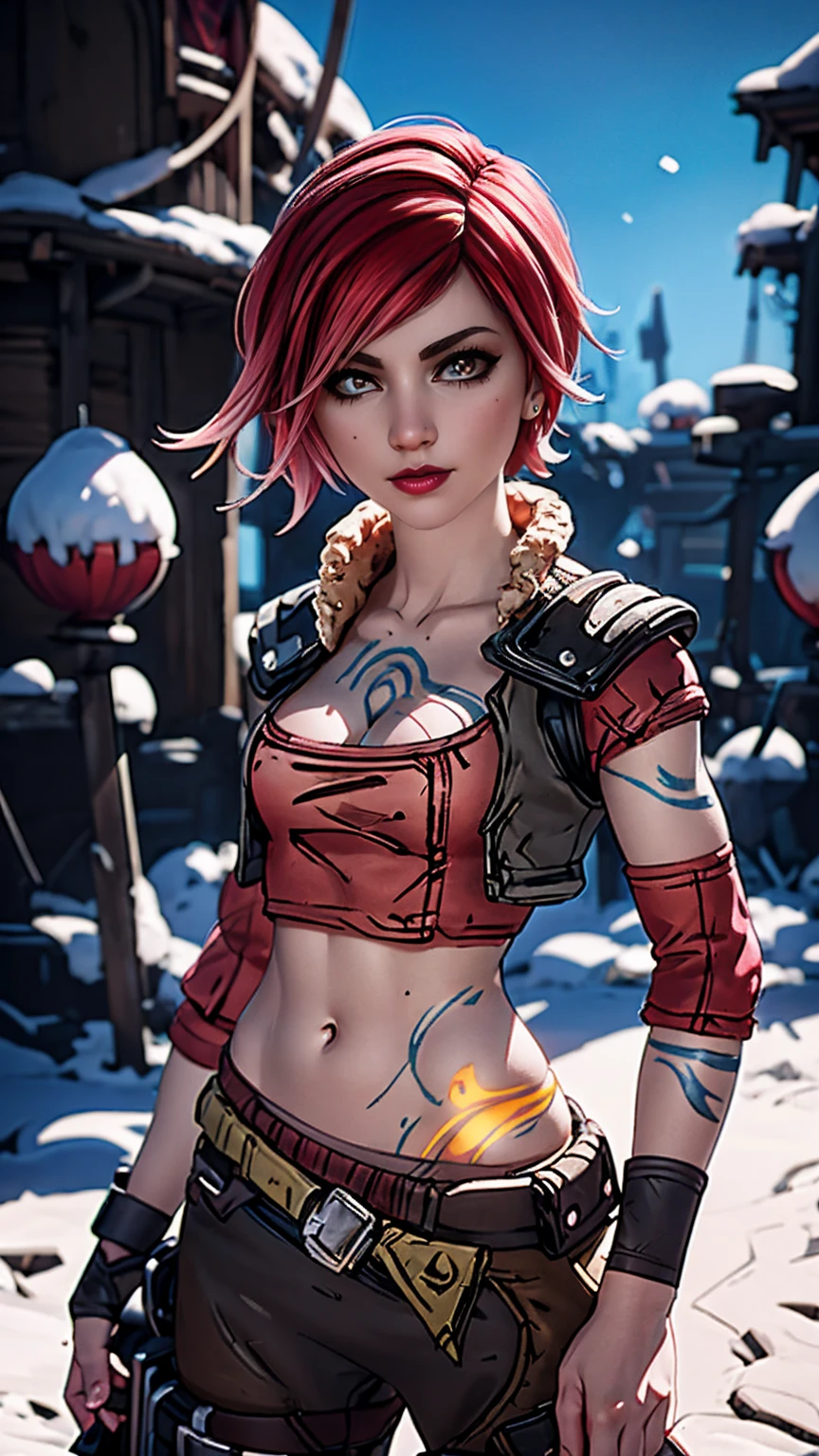 Lilith from "Borderlands", A beautiful woman with side-shaved light pink hair, asymmetric bob hairstyle, snow white skin, glowing mystical body art, holding a heavy rocket launcher, (wearing medieval-style clothes), hyperrealistic, cinematic lighting, fantasy, detailed facial features, dynamic pose, dramatic atmosphere, vibrant colors, digital art, ragnarokthief