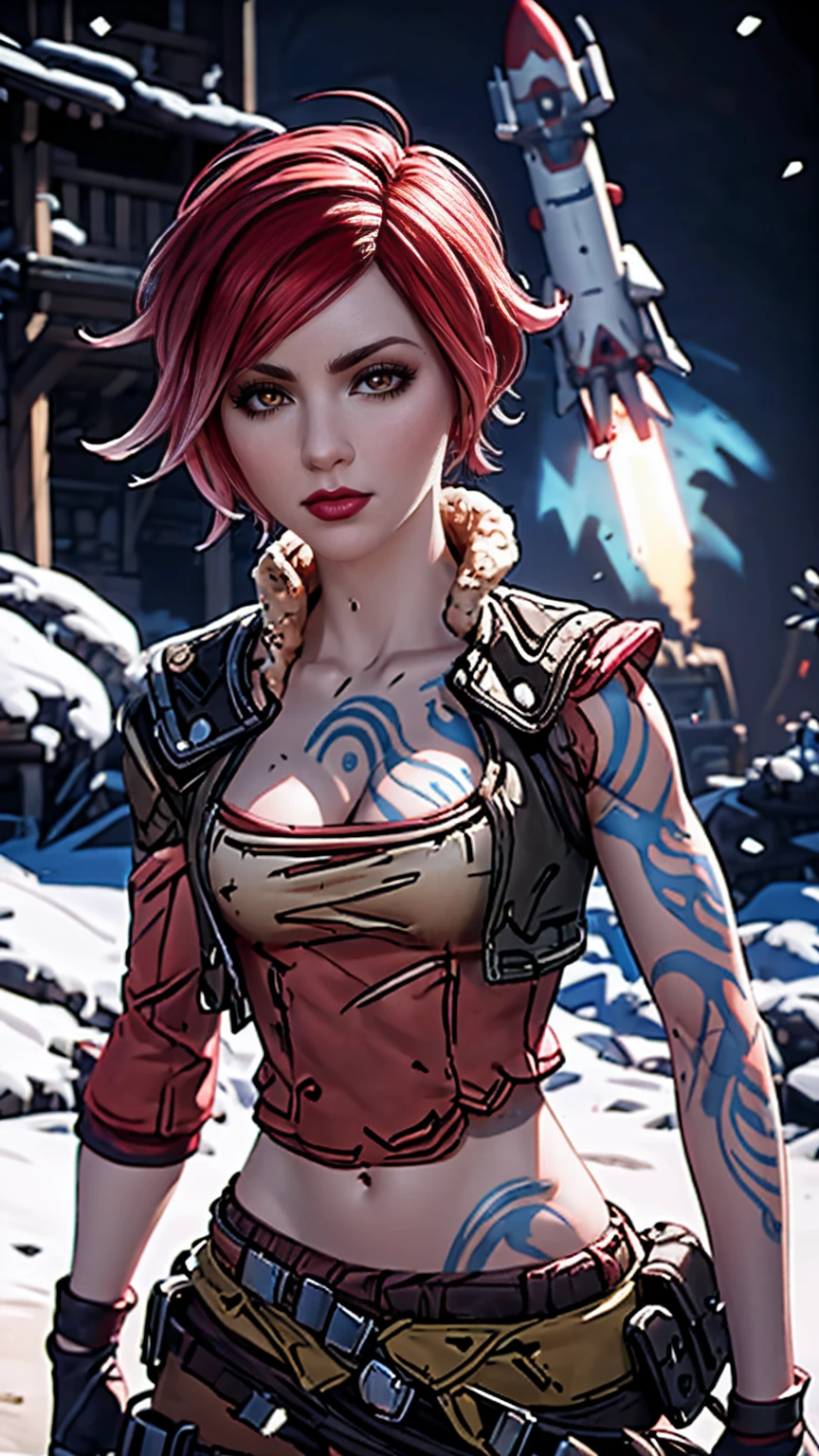 Lilith from "Borderlands", A beautiful woman with side-shaved light pink hair, asymmetric bob hairstyle, snow white skin, glowing mystical body art, holding a heavy rocket launcher, (wearing medieval-style clothes), hyperrealistic, cinematic lighting, fantasy, detailed facial features, dynamic pose, dramatic atmosphere, vibrant colors, digital art, ragnarokthief