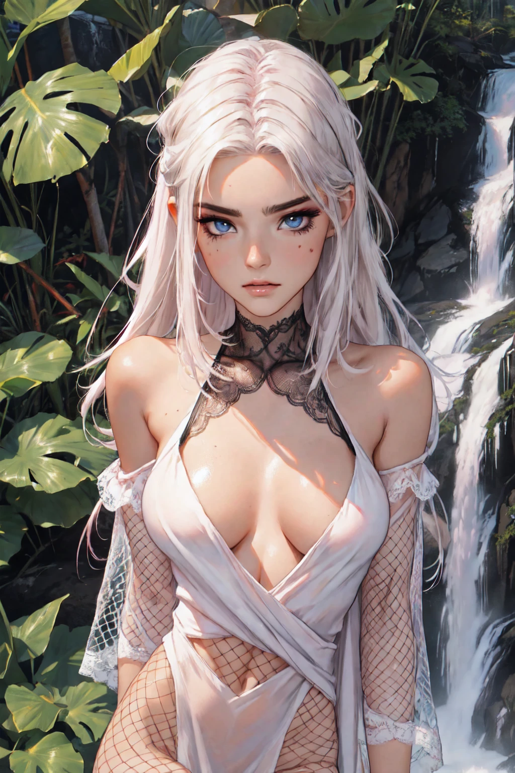 1girl,
(large breasts:1.4),((((long hair,white hair)))),,intricate eyes,beautiful detailed eyes,symmetrical eyes,big_eyes:1.5,((((dark skin:1.5,lustrous skin:1.5,tanned skin,bright skin: 1.5,skin tanned,shiny skin,very shiny skin,shiny body,Reflective skin)))),(lower abdomen,narrow waist,,athletic body,i,(detailed face)),beautiful detailed lips,
cute,slutty,sensual,seductive look,seductive,((erotic)),opulent,sumptuous,((nsfw)),
(bare shoulders,bare legs,navel),(golden armlet,golden bracelet,golden earrings,jewelry,necklace with shiny blue stone),(((blue tube top:1.3,strapless,cleavage))),((blue loincloth,pelvic curtain)),(((facial tattoo,turquoise facial tattoo,turquoise tattoos))),
(shy pose:1.3),looking at viewer,embarrassed,shy,centered,scale to fit dimensions,Rule of thirds,
outdoors,overgrown,(overgrown background,glowing crystals,bioluminescent plant),scenery,extremely scenery,(((glowing crystals,bioluminescent plants))),(puddles everywhere,moss,moss on the background),clouds,lily pads,palms,reeds,(sunset, golden hour),(dense jungles full of exotic plants and animals),
(Glossy atlantis ornaments),highres,sharp focus,(ultra detailed,extremely detailed),(photorealistic artwork:1.37),(extremely detailed CG unity 8k wallpaper),(((vibrant colors,vibrant theme))),(intricate),(masterpiece),(best quality),artistic photography,(photography taken by sldr),(intricate background),perfect rendered face,perfect face details,realistic face,photo realistic,((intricate detail)),(((realism))),