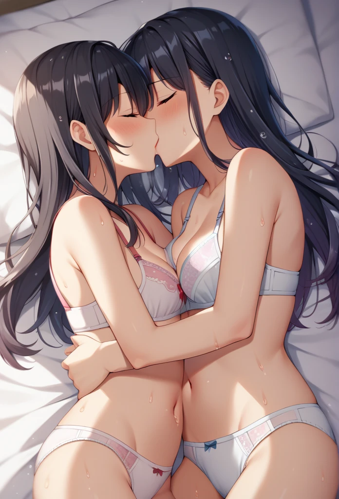 2 girls , bed,(Yukinoshita Yukino) , (Iroha issiki , brown hair) ,kiss , Drool,  check skirt, the skirt is rolled up, topless ,  white panties ,light blue panties, sex ,school