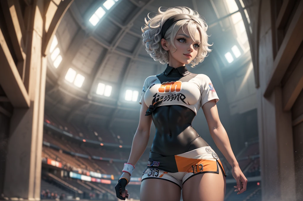 Bea da pokemon,(best qualityer,4K,8k,high resolution,work of art:1.2)(weather: windy), 1girl, solo girl, sport stadium background, short curly hair, gray hair, cropped shirt, micro shorts, thigh high stockings, headband, gloves, leotard, ultra detailed,realistic,beautiful detailed gray eyes, beautiful detailed lips,extremely detailed eye and face, long eyelashes,average,medium breasts, nipples,beaming smile,powerful girl, bright coloured, dramatic lighting,