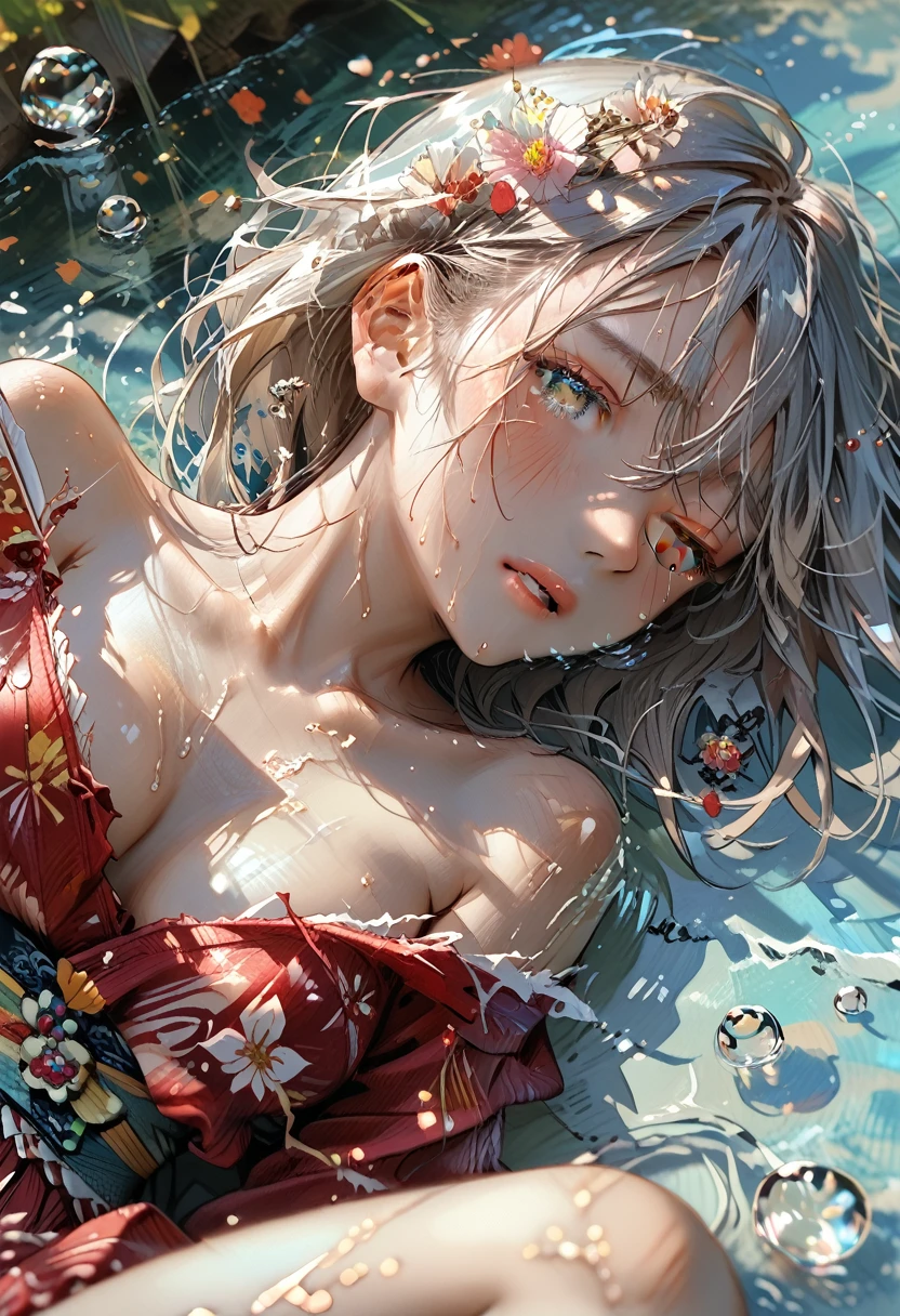 brown eyes, (two side up), (red short kimono), long hair, silver hair, off shoulders, medium cleavage, overly long sleeves, Obi, black thigh-highs, zouri, white panties, cameltoe, textured skin, (scar skin, Bruise skin), (torn clothes, cloth pieces:1.1), BREAK score_9, score_8_up, score_7_up, source_anime, (best quality, masterpiece), 8k, very aesthetic, absurdres, high resolution, detailed face, official art, detail1eye, BREAK rating_explicit, 1girl, (lying, on back, knee up), head tilt, (one eye Closed), parted lips, sigh, blush, sweaty, wind lift, outdoors, shallow water, from above,