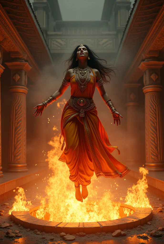 Create an image of Draupadi emerging majestically from a large, ornate fire pot surrounded by an intense, roaring flame. Her attire is regal and resplendent, adorned with intricate patterns and gold. The fire pot itself is richly decorated with traditional motifs. The scene contrasts the fiery intensity with a backdrop of celebration: vibrant colors, festive decorations, and people dressed in elaborate garments, though they appear unable to withstand the heat and are retreating from the flames. The expressions of the onlookers should reflect a mix of awe and discomfort as Draupadi rises from the fire, symbolizing her divine strength and resilience. The atmosphere should blend the fervor of festivity with the dramatic power of the fiery emergence.