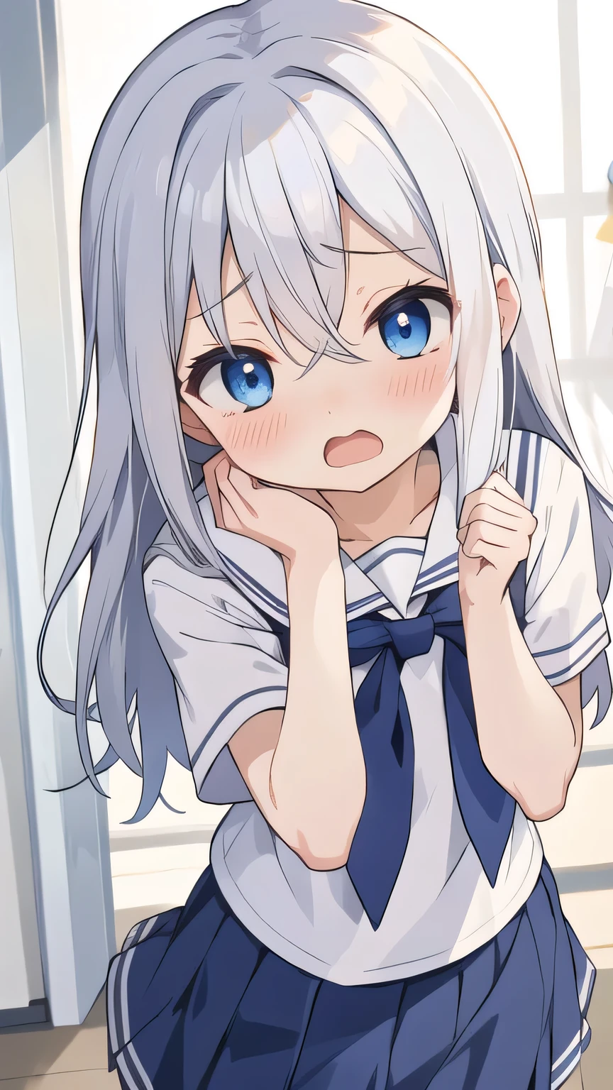 cute girl, アニメ, silver hair, straight hair, Blue eyes, (young:1.1), (small bust:0.6), (cute:1.3), (middle bust:0.9), cute, (cute:1.2), (sulk:0.6), Smail, (o-face:1.2), (orgasm:1.2), (shy:1.2), (open your mouth:1.2), cowboy shot, orgasm, (open mouth:1.1), cute, side shot, shy, (orgasm:1.2), (o-face:1.2) , (close eyes:0.9), dark blue skirt, standing, (white school uniform:1.2), short sleeve, pantie