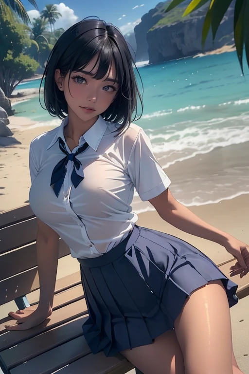 ((One Girl:1.5),Curvy,Beautiful breasts,(Huge breasts),((Realistic),High resolution,Highest quality,masterpiece,(in front:1.5),(dynamic:1.5),(bold:1.5)),(((Short Bob Hair),(Thin Hair:1.5),(Straight hair),Swept-apart bangs,(Black Hair),(Hair on one eye),Hair blowing in the wind)),(coastal,sunlight)、(School uniforms)、Summer clothes、Navy blue pleated skirt、Ultra weating all over the body、Sweat runs down my cheeks、Long legs、close your eyes、Tanned brown skin、School Girl、White blouse、Laugh with a crumpled face、Smiling with teeth showing、Sitting on a bench by the sea、

(Photo taken from behind the model)、Tiny waist and slim hips、Round ass、