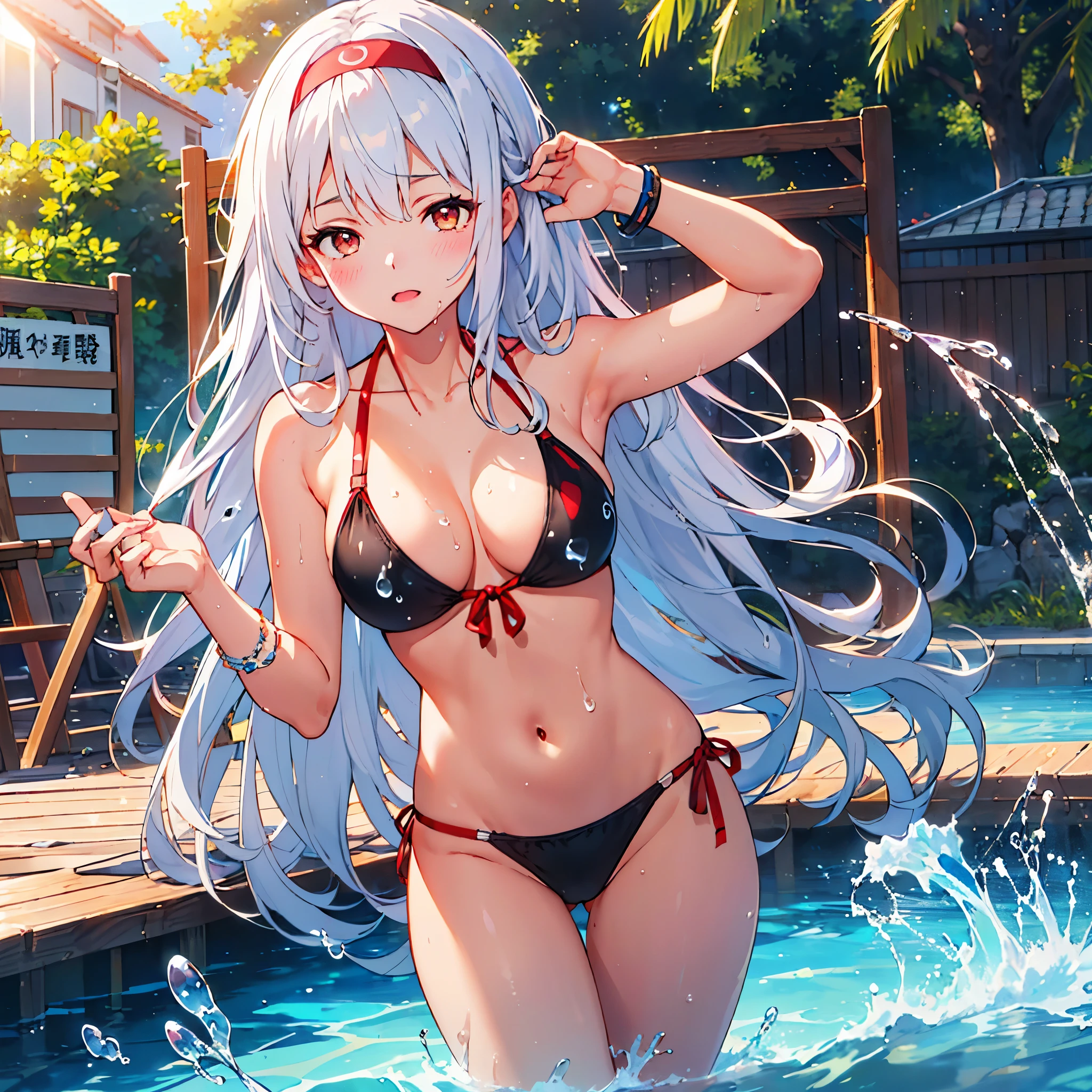 ((Top Quality)), ((Masterpiece)), ((Details)), perfect face, perfect body, sitting by the pool, listening to music, wearing headphones, wearing swimsuit, transparent swimsuit, wearing clothes exposing tight hips and breasts Woman with face visible, sitting with legs apart, big