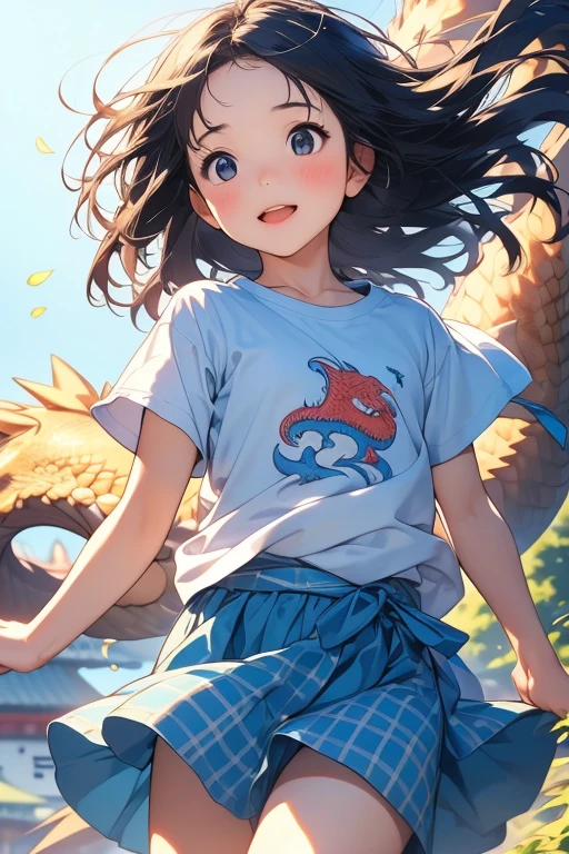 (8k),(masterpiece),(Japanese),((girl)),((Innocent expression)),((Childish)), From the front and above, smile, cute, Innocent, Kind eyes, Plain T-shirt, Short sleeve, Short blue checked skirt, semi-long, Hair blowing in the wind, Black Hair, Quite strong wind, noon, bright, Dragon
