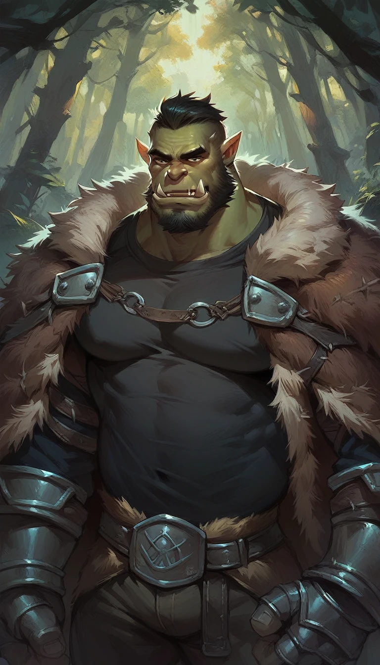 a massive,male orc, robust, mature orc warrior with green skin, sharp fangs, and a rugged, masculine appearance, wearing black leather Fundoshi and a harness, in a gritty, realistic digital art style, multiple similar orc characters in a tavern setting, dramatic lighting, highly detailed, cinematic composition, dark moody colors