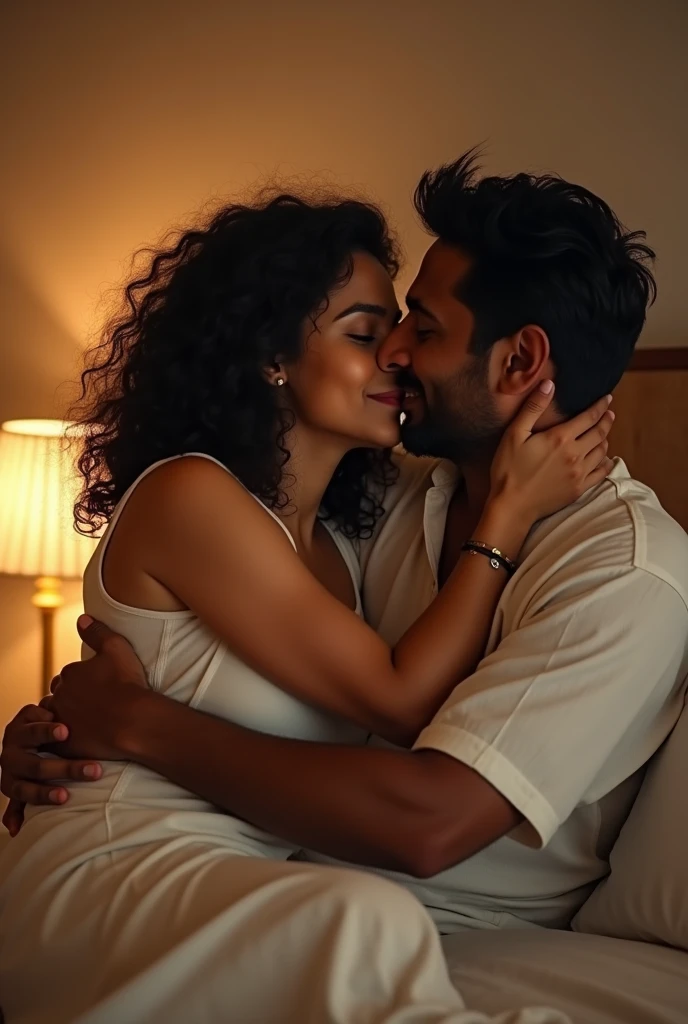 Draw a picture of 2 indian couples at their early 20s sharing a bed with a small blue bedsheet and kissing each other. Realistic image, both should kiss each other's lips passionately. Hd realistic and there should be originality as if they are real people.