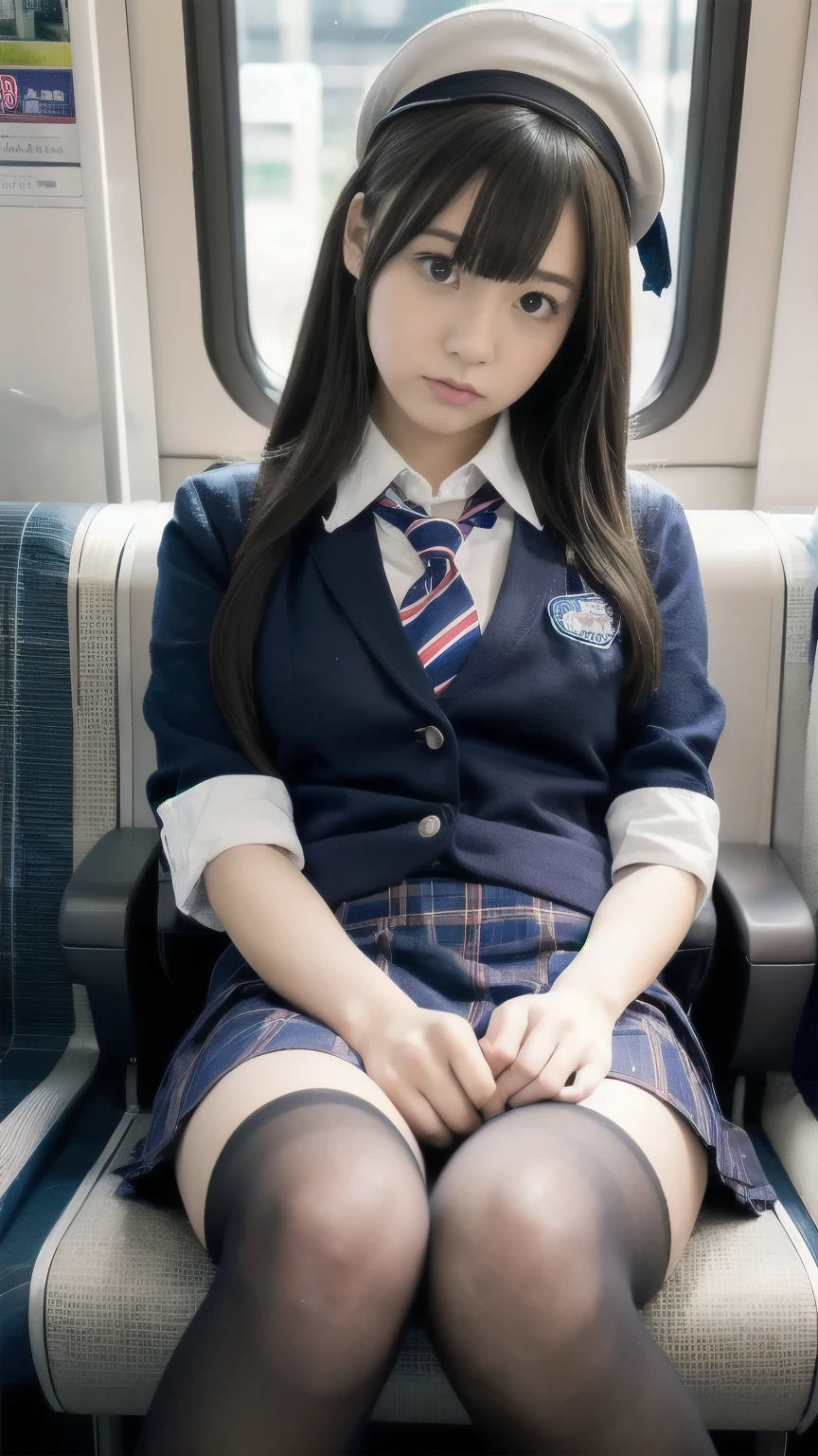 Japanese 1 female,Cosplay Japanese Schoolgirl Uniform,sitting in a train seat,((Spread your legs)),（(Focus on her crotch:1.1),Between her clothes,Under her skirt,Ultra low angle,Knees together,She is looking down,She doesn&#39;t notice me,
