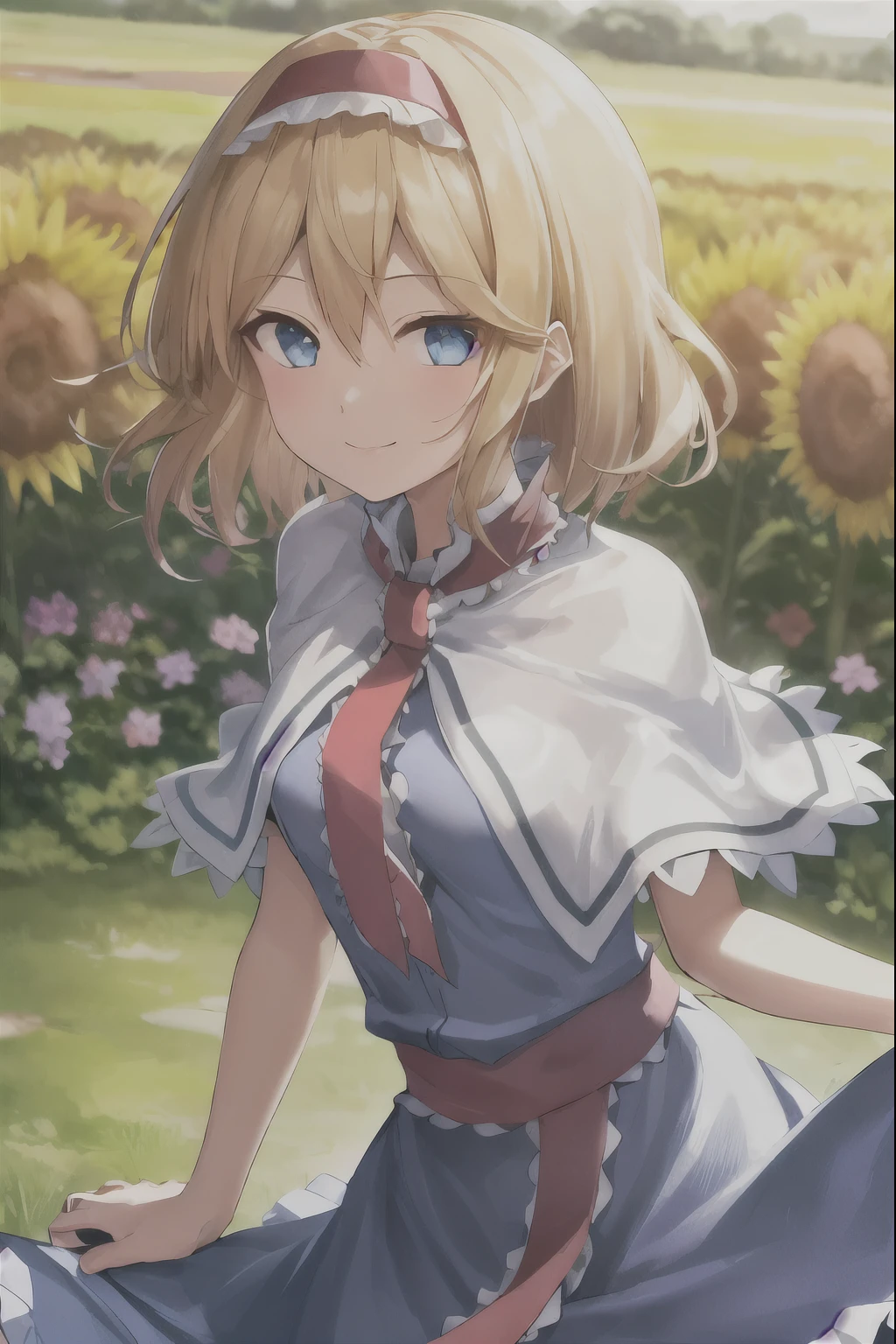 (1girl), front facing, (pov), best quality, masterpiece, highres, solo, {alice_margatroid_touhou:1.15}, blonde_hair, short_hair, (wavy_hair), fluffy_hair, hairband, blue_eyes, white capelet, neck ribbon, frills, outdoors, looking at viewer, flower field, daylight, smile, warm colors