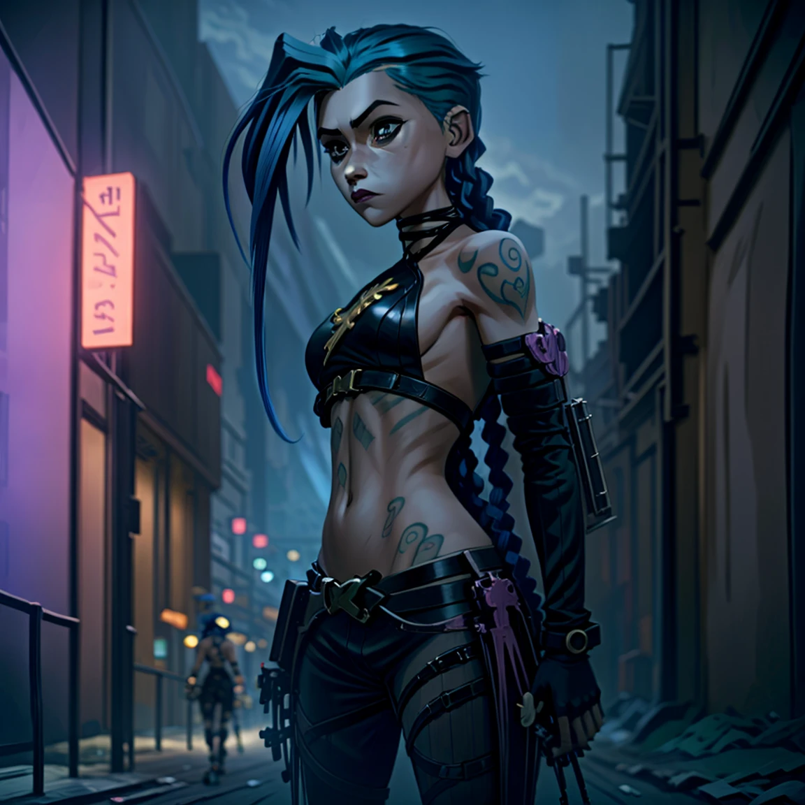 Jinx from arcane, walking down the street in the evening, cyberpunk woman anime woman, pants, Beautiful angry cyberpunk goddess, cyberpunk artstyle, cyberpunk anime digital art, cyberpunk anime art, 1 girl, stars tattoo on arm, asymmetrical bangs, bangss, hair green, green braids, brown shirt, stars tattoo, sideways, hair green, long hair, pink eyes, Red lips, standing , cloud tattoo, Twin braids.