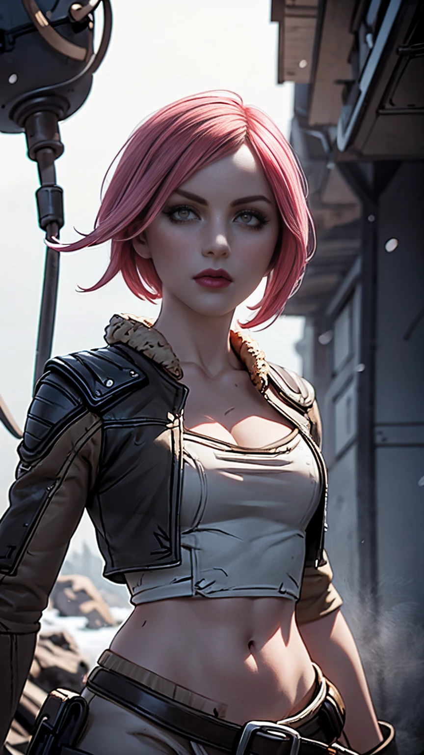 Lilith from "Borderlands", A beautiful woman with side-shaved light pink hair, asymmetric bob hairstyle, snow white skin, glowing mystical body art, holding a heavy rocket launcher, (wearing medieval-style clothes), hyperrealistic, cinematic lighting, fantasy, detailed facial features, dynamic pose, dramatic atmosphere, vibrant colors, digital art, ragnarokthief