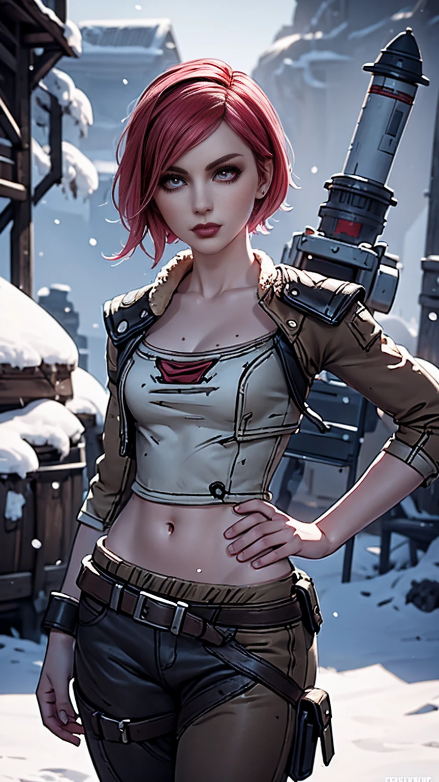 Lilith from "Borderlands", A beautiful woman with side-shaved light pink hair, asymmetric bob hairstyle, snow white skin, glowing mystical body art, holding a heavy rocket launcher, (wearing medieval-style clothes), hyperrealistic, cinematic lighting, fantasy, detailed facial features, dynamic pose, dramatic atmosphere, vibrant colors, digital art, ragnarokthief