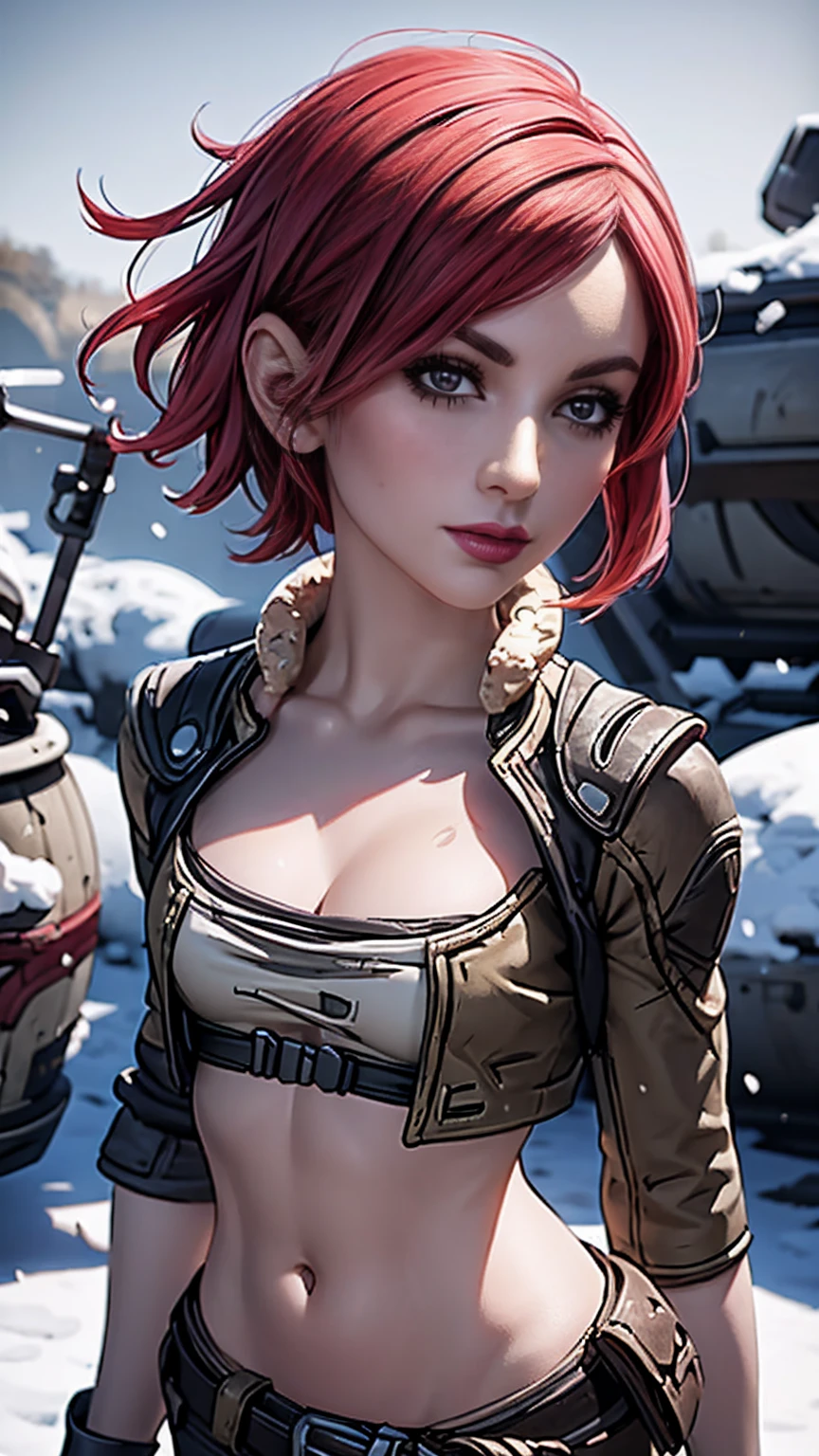 Lilith from "Borderlands", A beautiful woman with side-shaved light pink hair, asymmetric bob hairstyle, snow white skin, glowing mystical body art, holding a heavy rocket launcher, (wearing medieval-style clothes), hyperrealistic, cinematic lighting, fantasy, detailed facial features, dynamic pose, dramatic atmosphere, vibrant colors, digital art, ragnarokthief