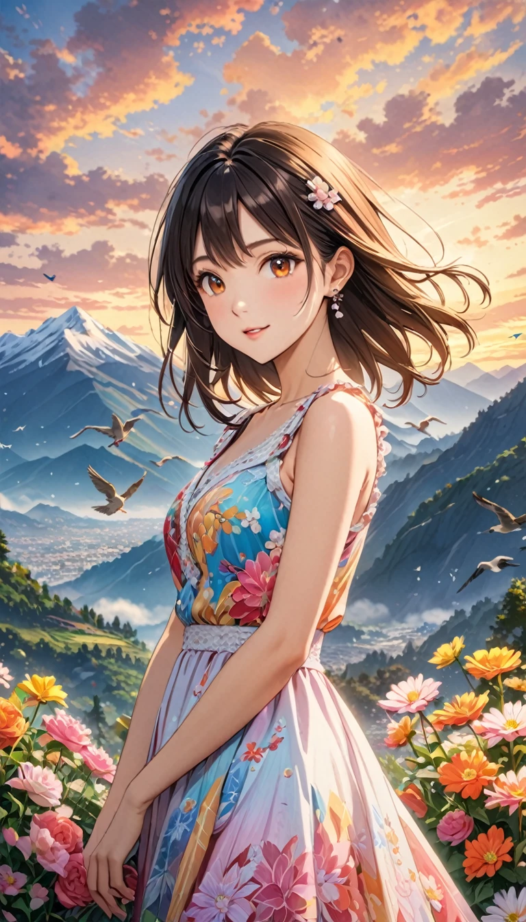  young woman, Beautiful woman in a colorful dress, Brownish black hair, (Gusong, bird, Mountain, cloud,Flowers), Highest quality, Masterpiece, ８K, High resolution,  Detailed anime art, art，advertisement，Colored pencil drawing，draft 