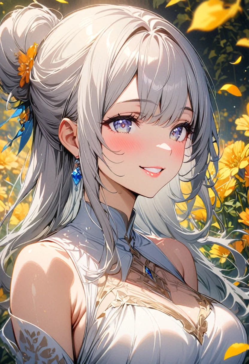 best quality, high-resolution,ultra-detailed,portrait, intricate white long dress, ((modest dress)), standing,flowers field,silver long hair,bun hair,smiling woman,close up to abs, ((moderate breast)), beautiful detailed eyes,beautiful detailed lips,flower petals on air,bare shoulders,vivid colors,studio lighting,soft sunlight, happy face, ((cleavages:0.6)), half body