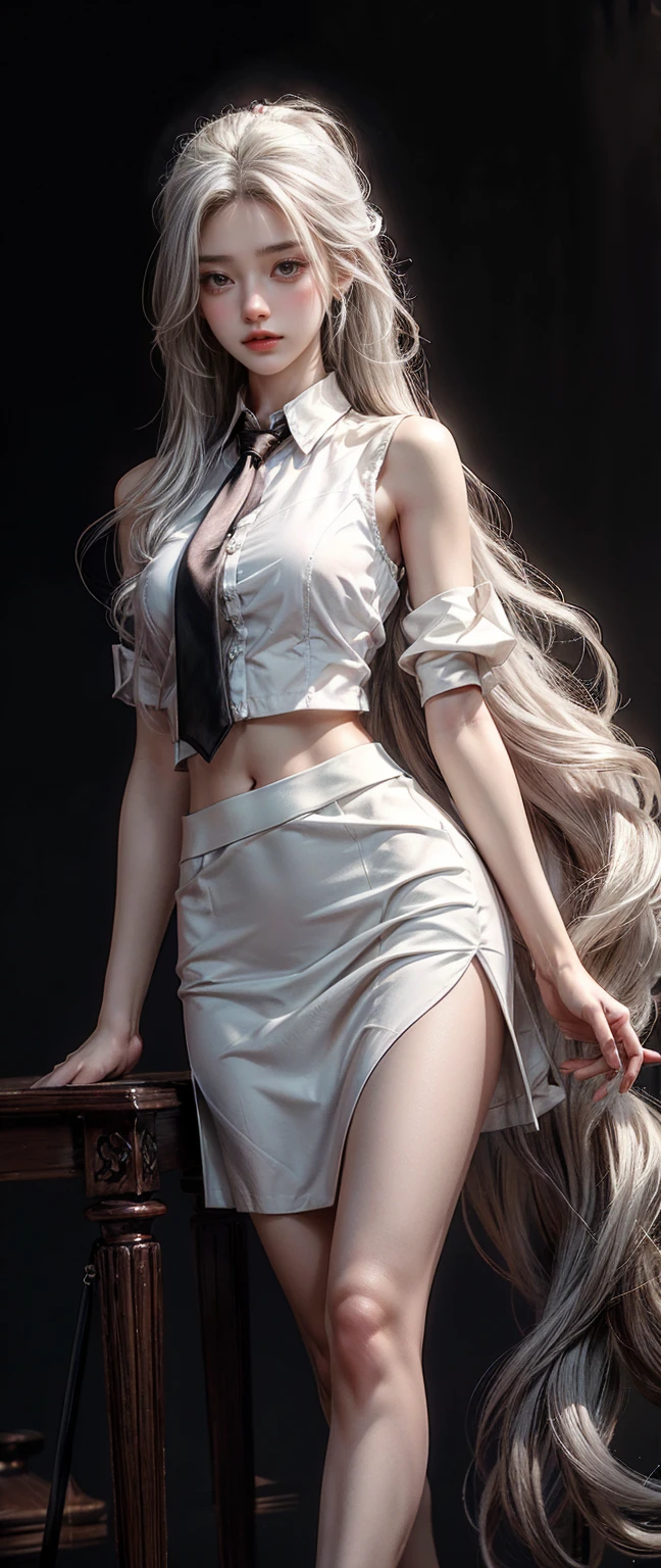 ((half a white lab coat on the outside), shirt, pleated skirt, white pants with the skirt pulled up, (black pantyhose), [: (face detail: 1.2): 0.2], raw photo, (highest quality), high resolution, (realistic, photorealistic: 1.2), ultra high definition, physically based rendering, one girl, air bang, long hair, (silver) hair), wavy hair,