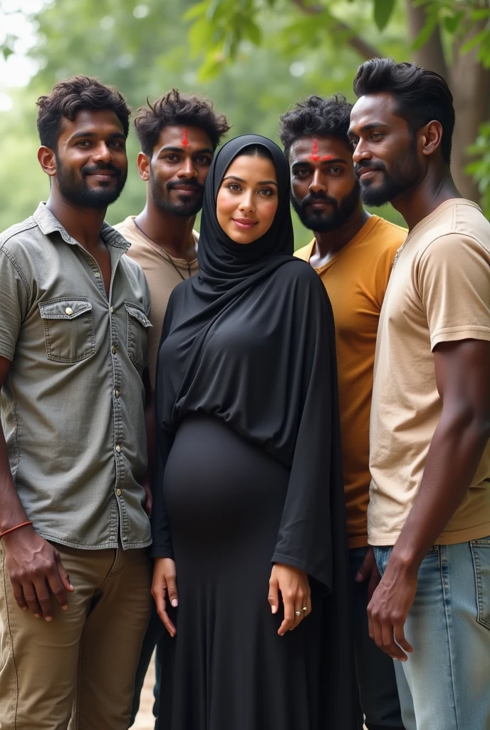 Young muscular Hindu pandit, two white skin pregnant muslim women wearing hijab,together doing kissing infront of Pakistan flag