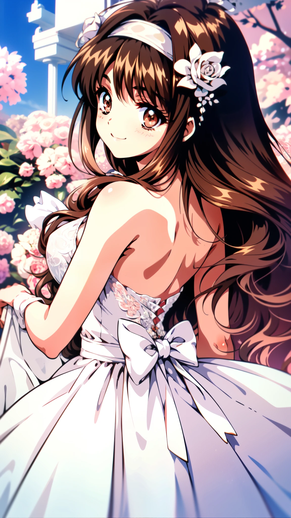 YuukiMizuho, 1girl, college age, solo, (cute smile:1.1), (Silvery brown hair with reddish brown streaks:1.4), (Gradient brown hair tip:1.6), hair, Ridiculously long hair, Single Side Lock, Wavy Hair, Shiny Hair, Floating Hair, (Deep red eyes), Delicate eyes, Red eyes, Very fine eye, Long upper eyelashes, compensate, Focus on the face, Very detailed facial, Pretty face, Perfect breasts, Hot body, (Delicate skin texture:1.2), ((White hair band:1.2)), lace trim dress, See through, Flower Dress, Outdoor, White Rose, garden, morning, Are standing, Very detailed, retro art style, 1990s (style), expensive quality, very_expensive_solve, big_file size, Full Color,
