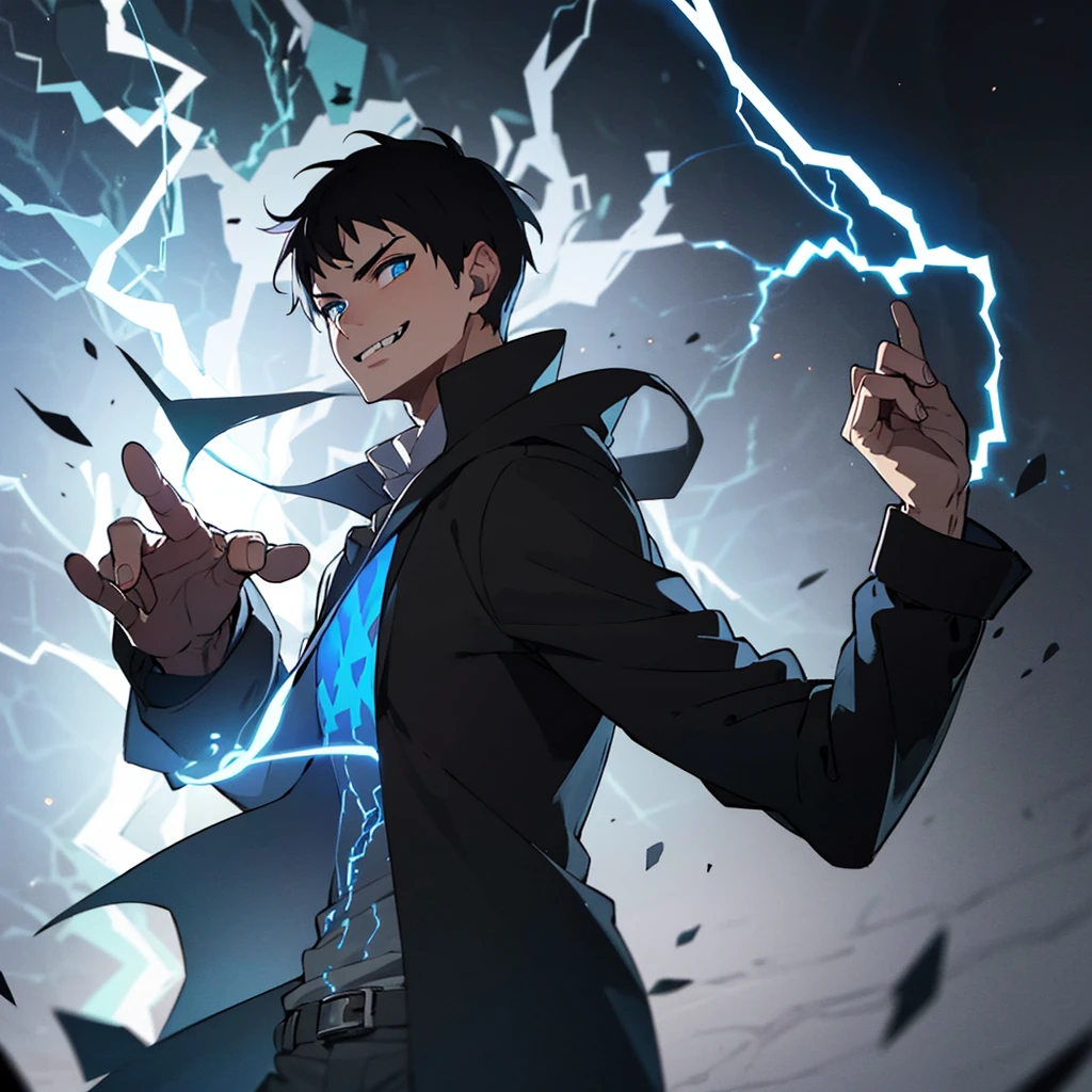 Boy, black hair, blue eyes, smirks, arrogant, black shirt, lightning effect, dark environment, dark background. 